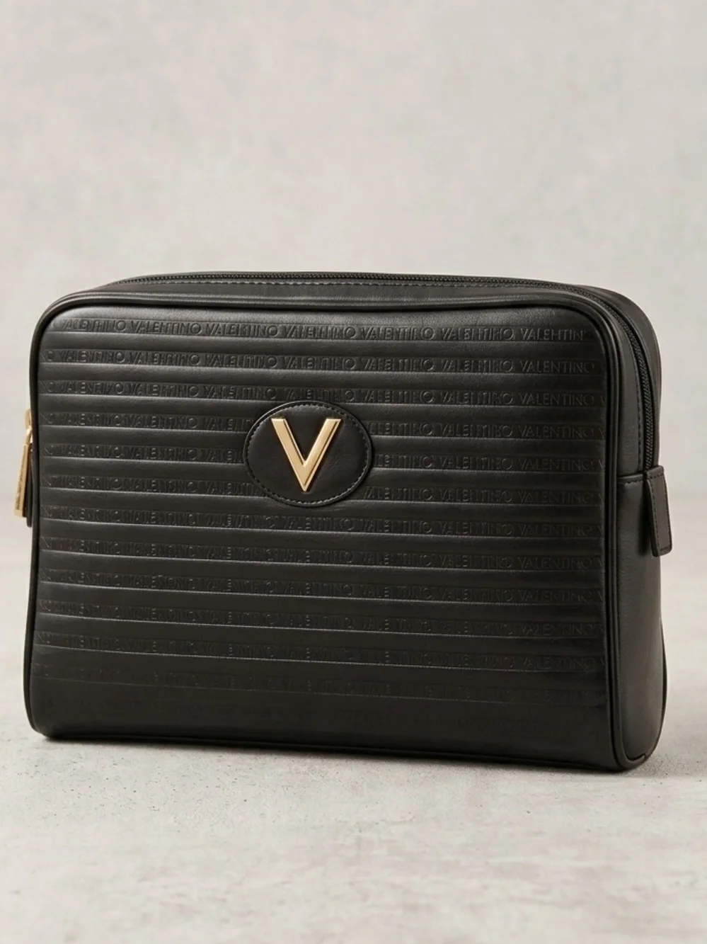 Mario Valentino Logo Vintage Black Leather Clutch Toiletry Travel Pouch Case